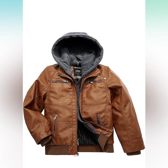 Wantdo Brown faux Leather Jacket with Detachable Gray Hood Boys Large (10-12) - Picture 1 of 14